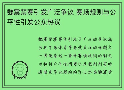 魏震禁赛引发广泛争议 赛场规则与公平性引发公众热议